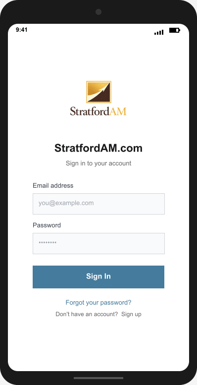 StratfordAM.com Login Screen mockup