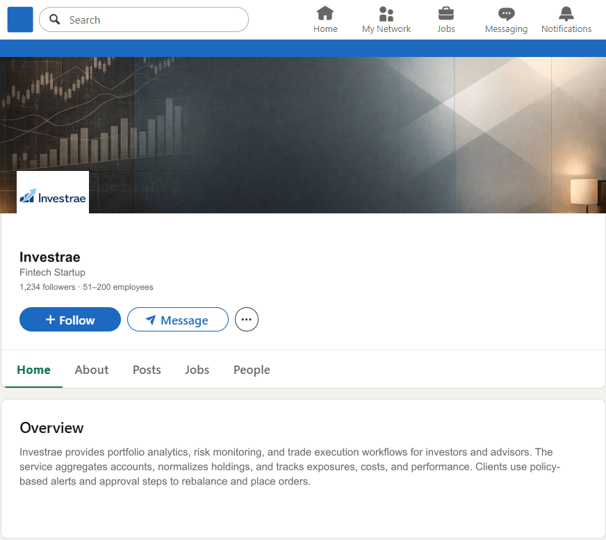 Investrae.com LinkedIn Company Page mockup