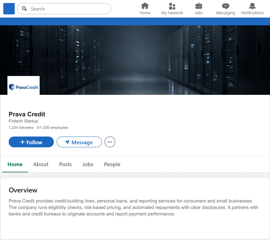 PravaCredit.com LinkedIn Company Page mockup