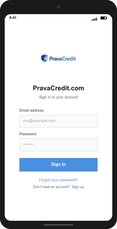 PravaCredit.com Login Screen mockup
