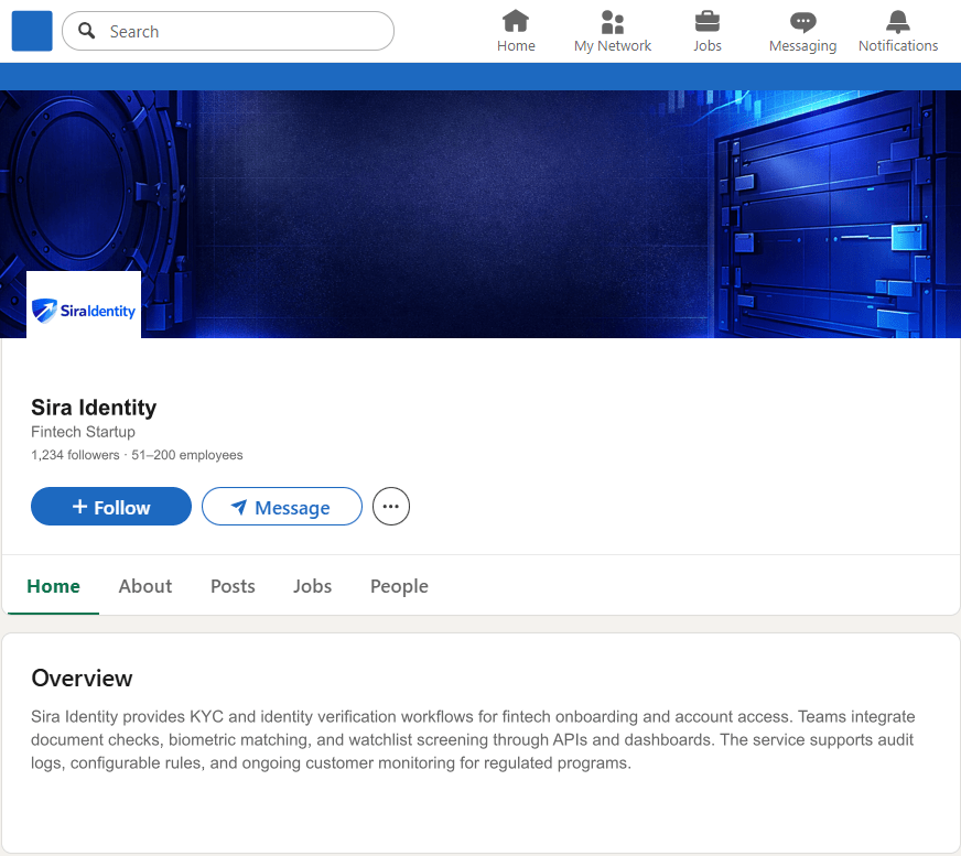 SiraIdentity.com LinkedIn Company Page mockup