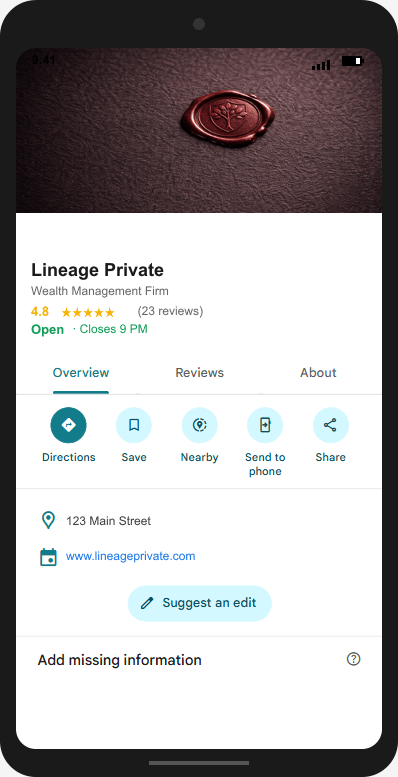 LineagePrivate.com Google Business Profile mockup