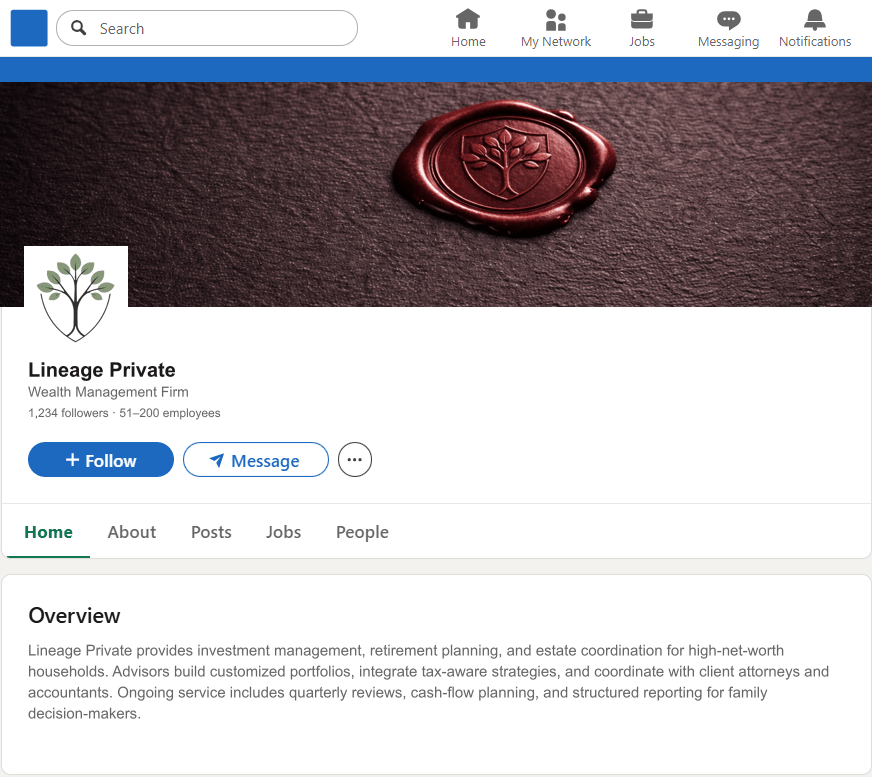 LineagePrivate.com LinkedIn Company Page mockup