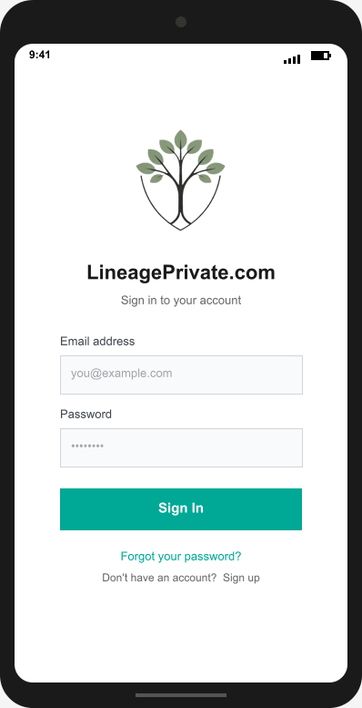 LineagePrivate.com Login Screen mockup