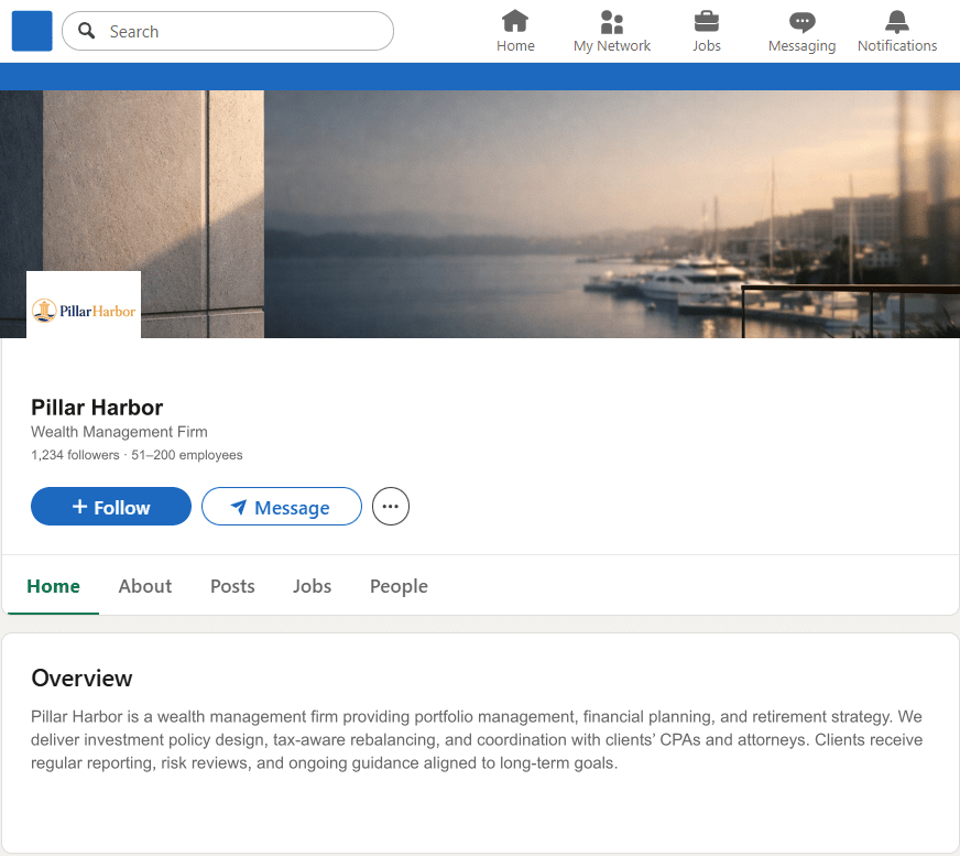 PillarHarbor.com LinkedIn Company Page mockup