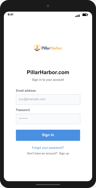 PillarHarbor.com Login Screen mockup