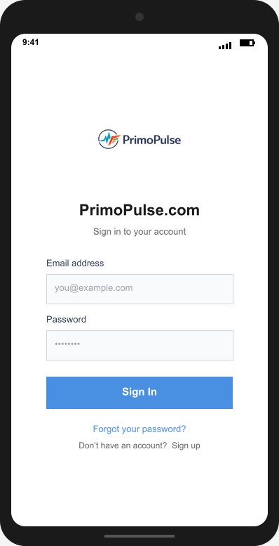 PrimoPulse.com Login Screen mockup