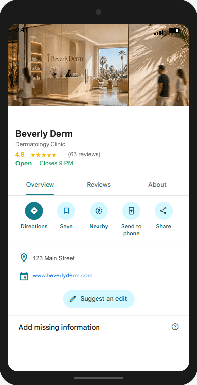 BeverlyDerm.com Google Business Profile mockup