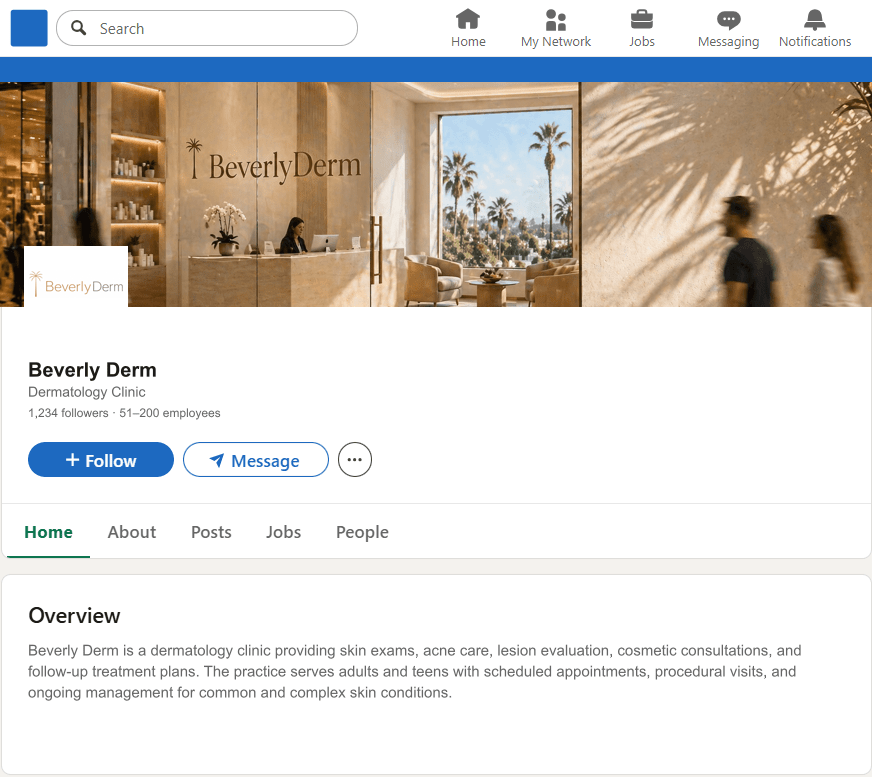 BeverlyDerm.com LinkedIn Company Page mockup