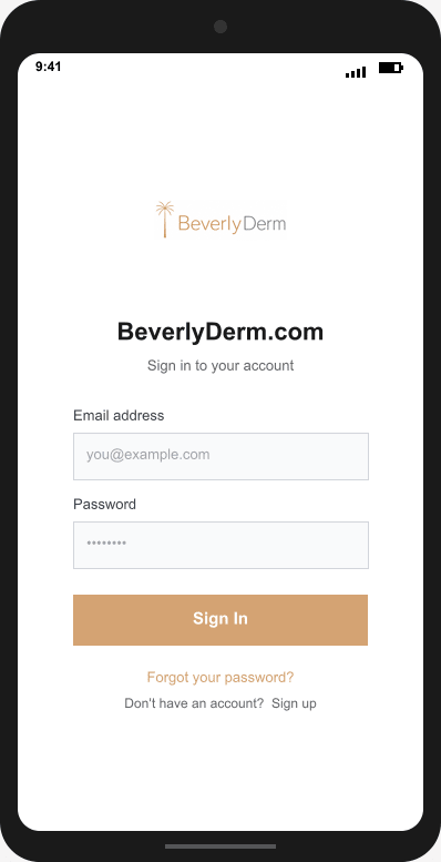 BeverlyDerm.com Login Screen mockup