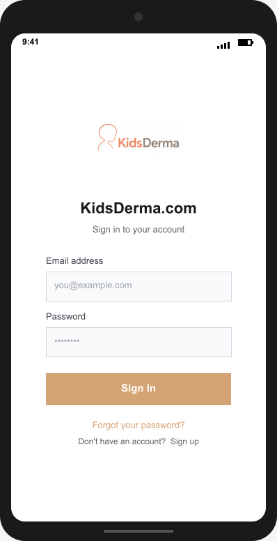 KidsDerma.com Login Screen mockup