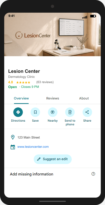 LesionCenter.com Google Business Profile mockup