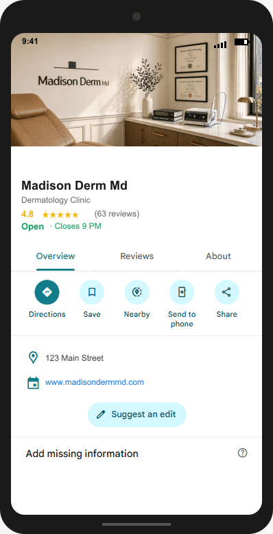 MadisonDermMd.com Google Business Profile mockup