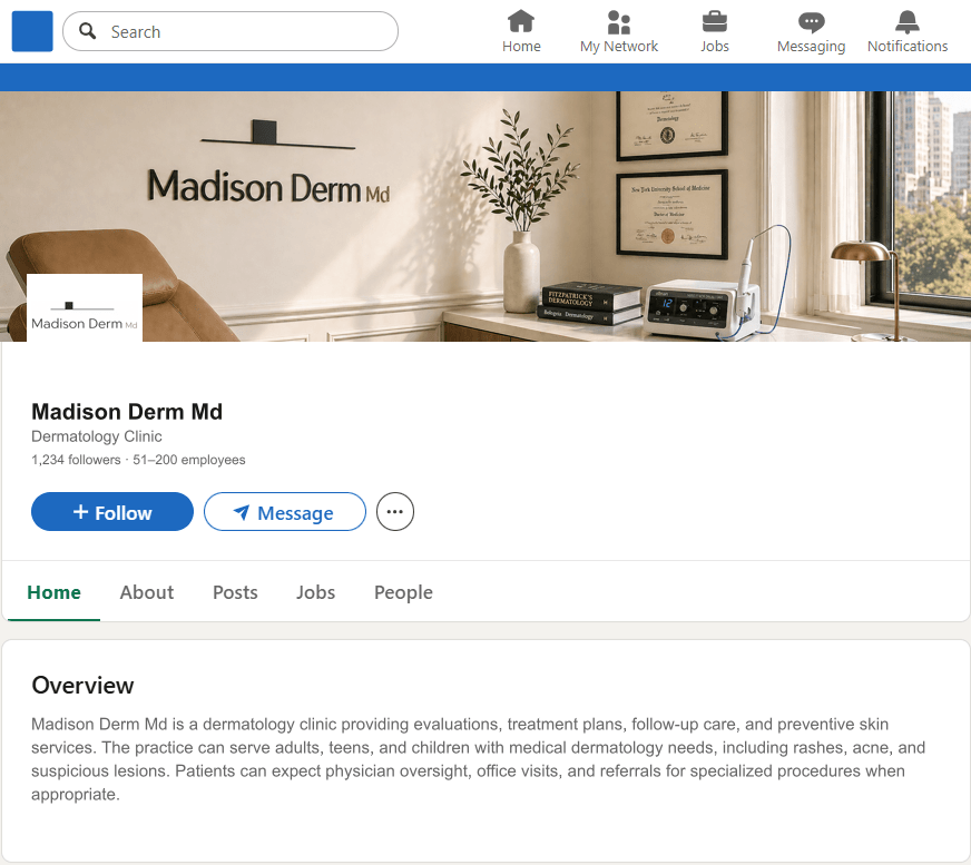 MadisonDermMd.com LinkedIn Company Page mockup