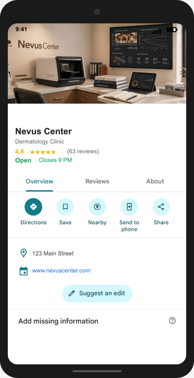 NevusCenter.com Google Business Profile mockup