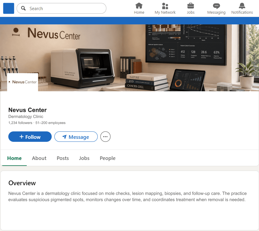 NevusCenter.com LinkedIn Company Page mockup