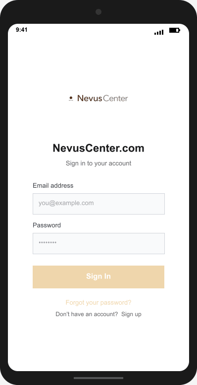 NevusCenter.com Login Screen mockup