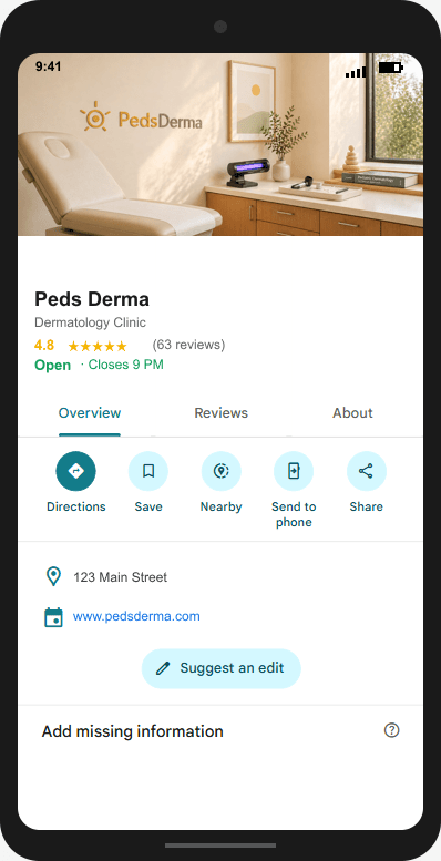 PedsDerma.com Google Business Profile mockup