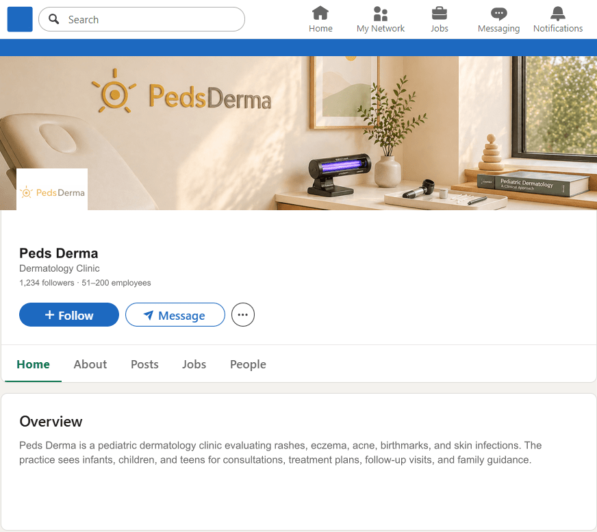 PedsDerma.com LinkedIn Company Page mockup