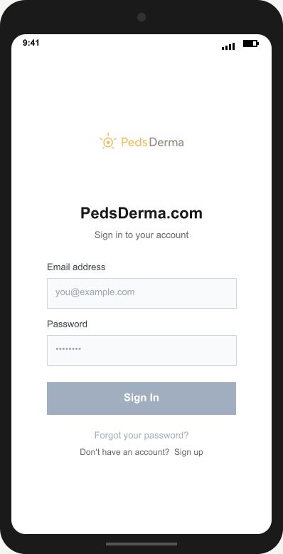 PedsDerma.com Login Screen mockup