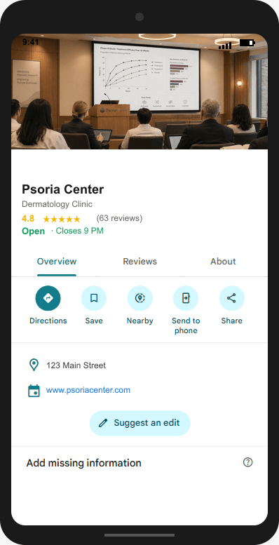 PsoriaCenter.com Google Business Profile mockup