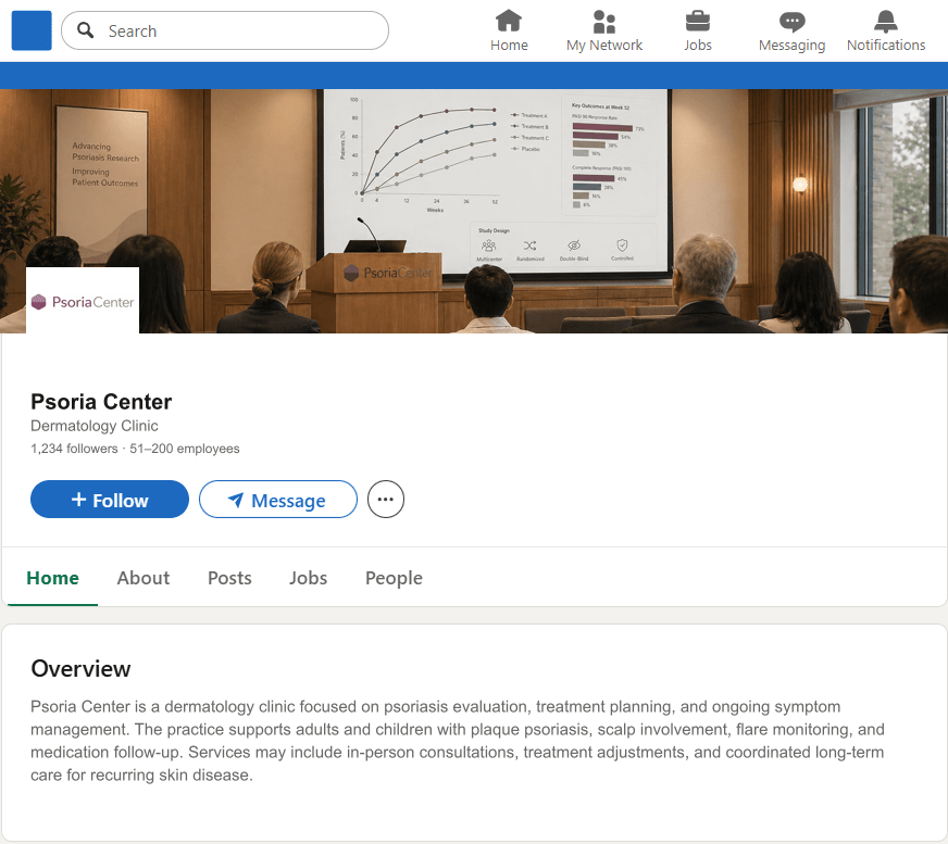 PsoriaCenter.com LinkedIn Company Page mockup