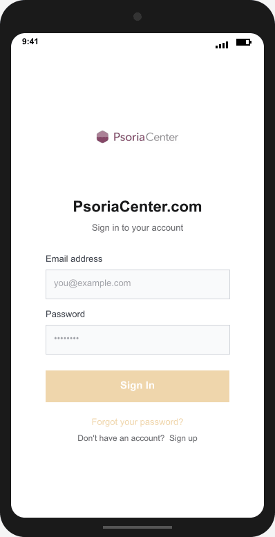 PsoriaCenter.com Login Screen mockup