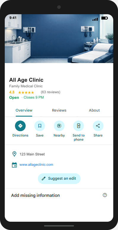 AllAgeClinic.com Google Business Profile mockup