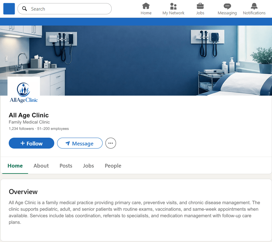 AllAgeClinic.com LinkedIn Company Page mockup