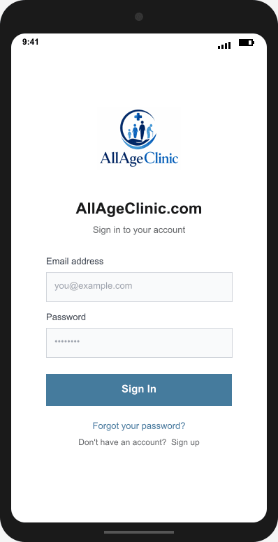AllAgeClinic.com Login Screen mockup