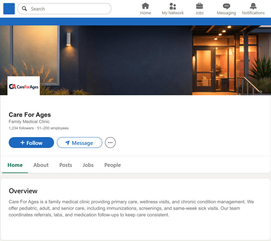 CareForAges.com LinkedIn Company Page mockup