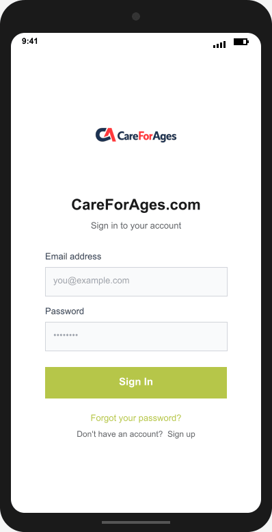 CareForAges.com Login Screen mockup
