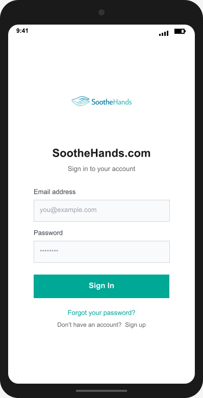 SootheHands.com Login Screen mockup