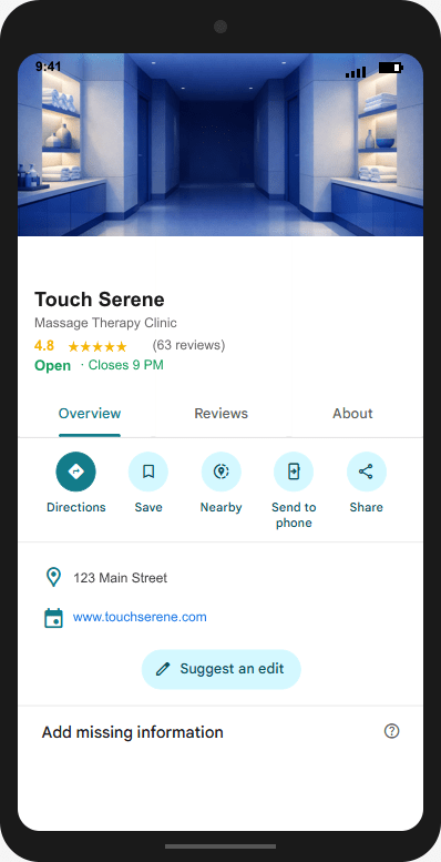 TouchSerene.com Google Business Profile mockup