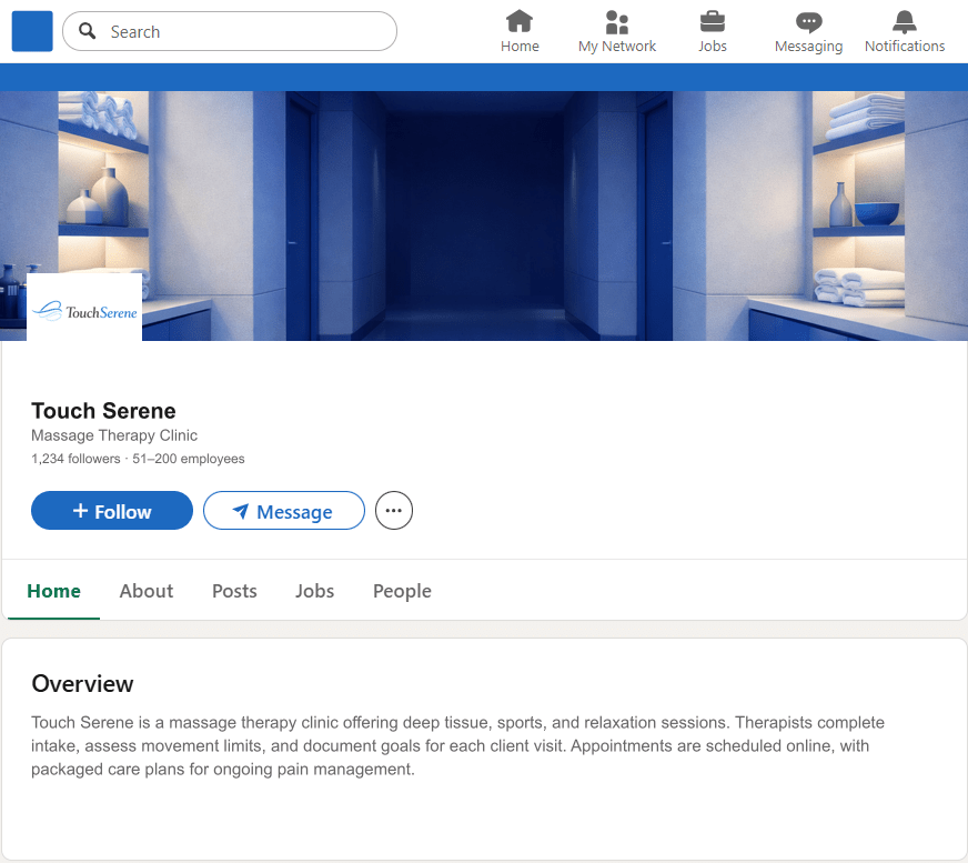 TouchSerene.com LinkedIn Company Page mockup