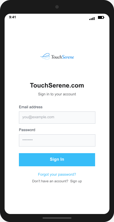 TouchSerene.com Login Screen mockup