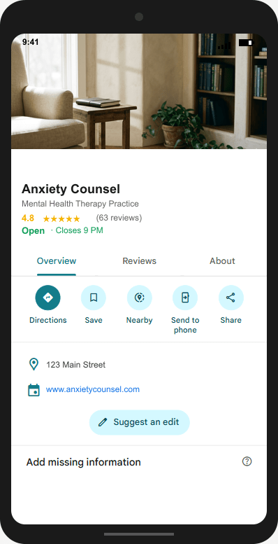 AnxietyCounsel.com Google Business Profile mockup
