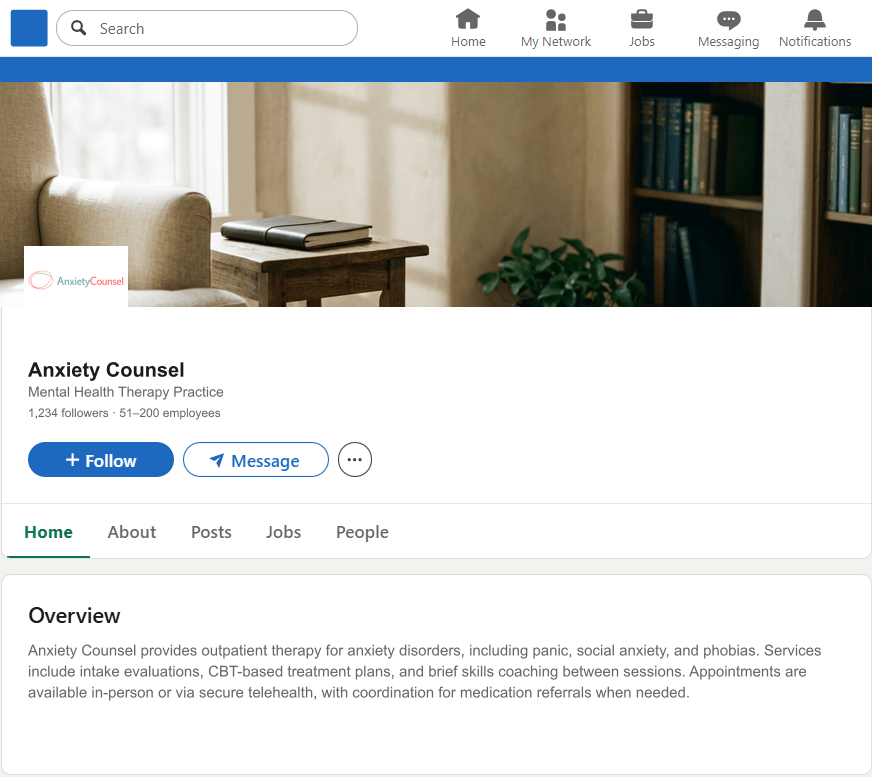 AnxietyCounsel.com LinkedIn Company Page mockup