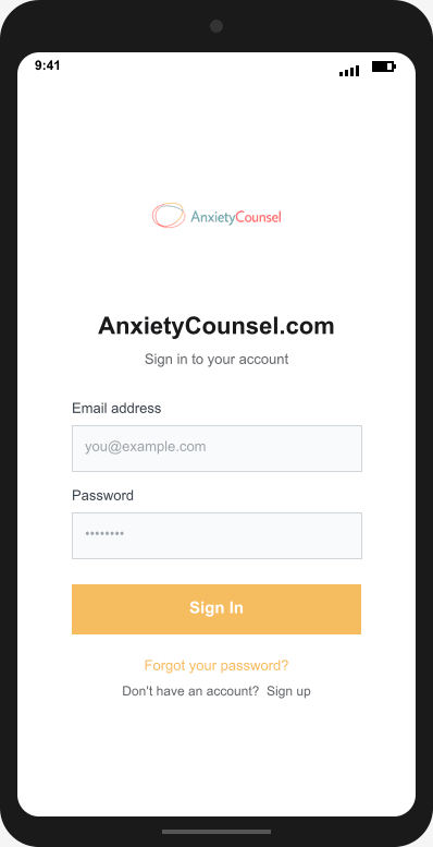 AnxietyCounsel.com Login Screen mockup