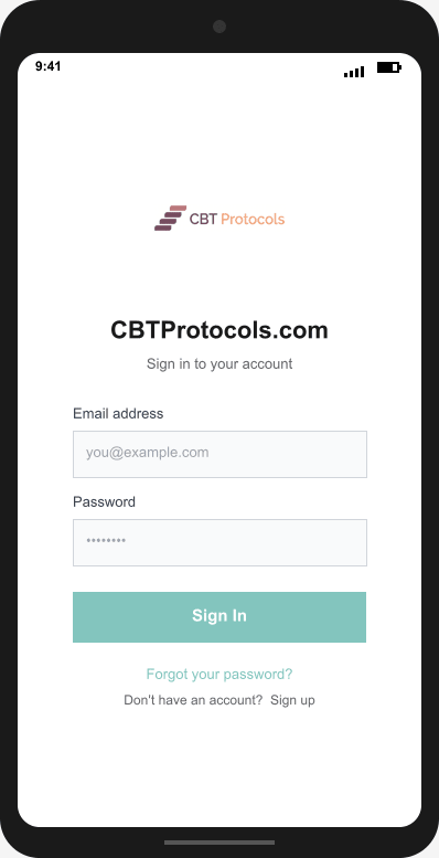 CBTProtocols.com Login Screen mockup