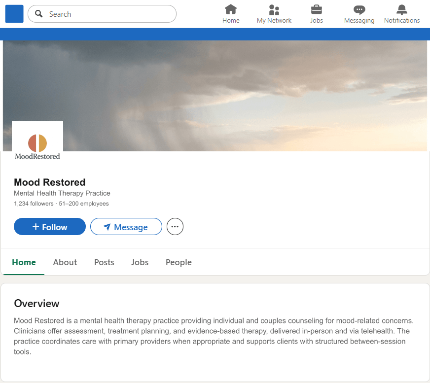 MoodRestored.com LinkedIn Company Page mockup