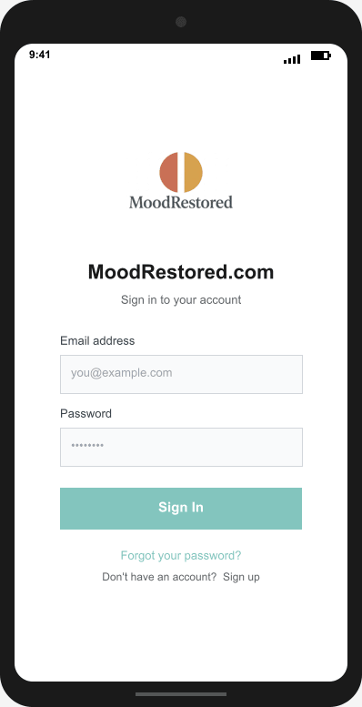 MoodRestored.com Login Screen mockup