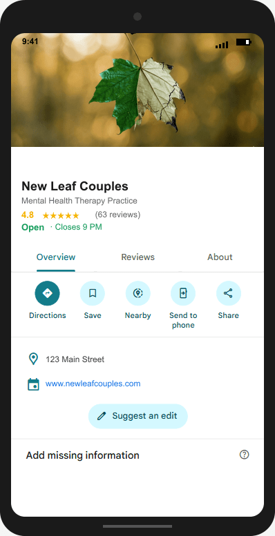 NewLeafCouples.com Google Business Profile mockup