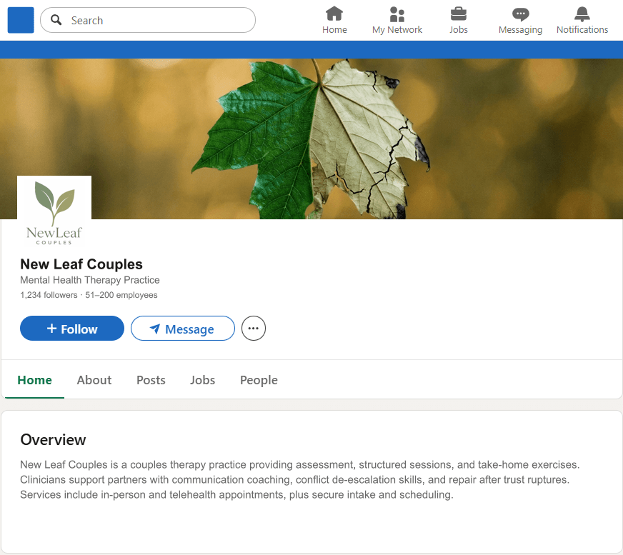 NewLeafCouples.com LinkedIn Company Page mockup