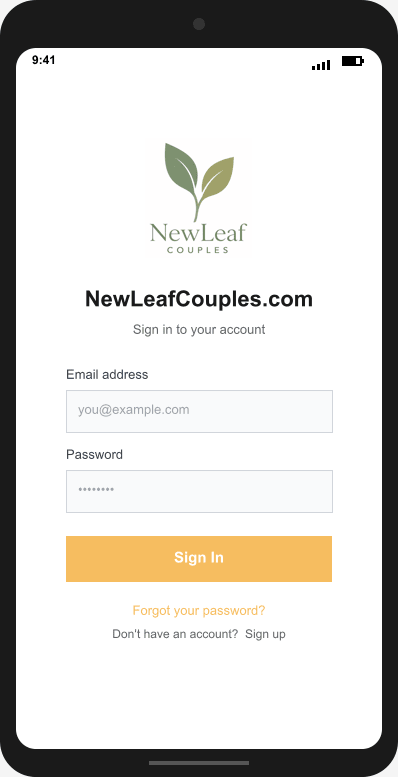 NewLeafCouples.com Login Screen mockup
