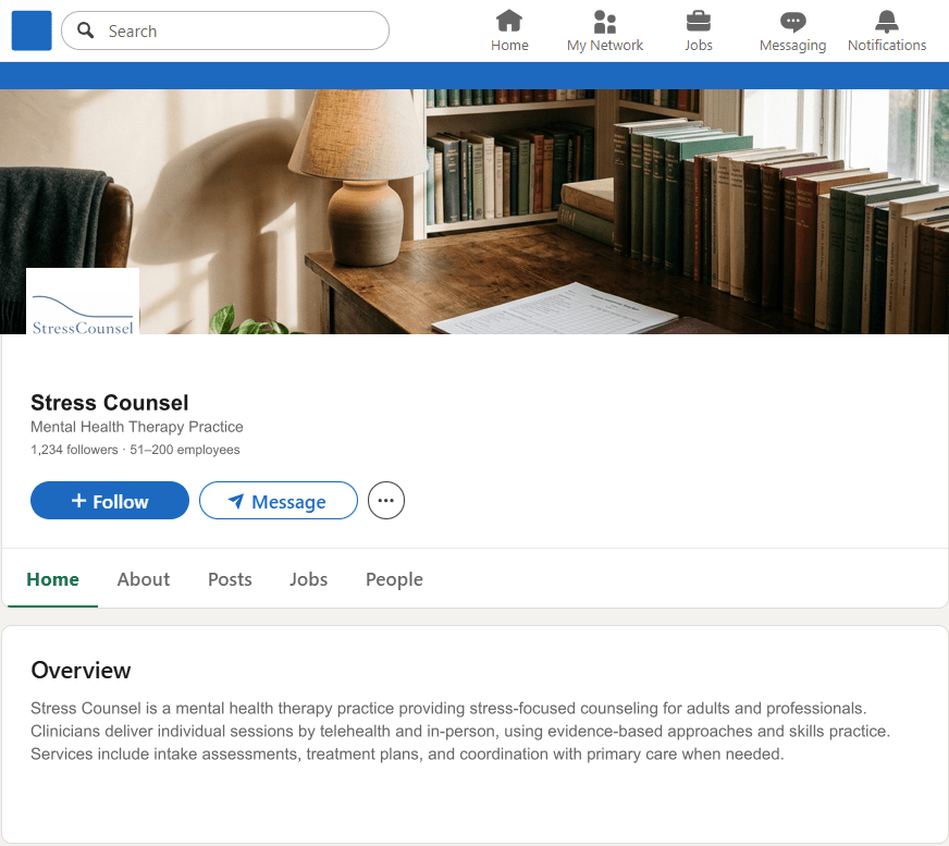 StressCounsel.com LinkedIn Company Page mockup