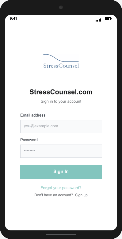 StressCounsel.com Login Screen mockup