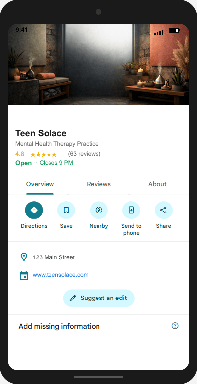 TeenSolace.com Google Business Profile mockup