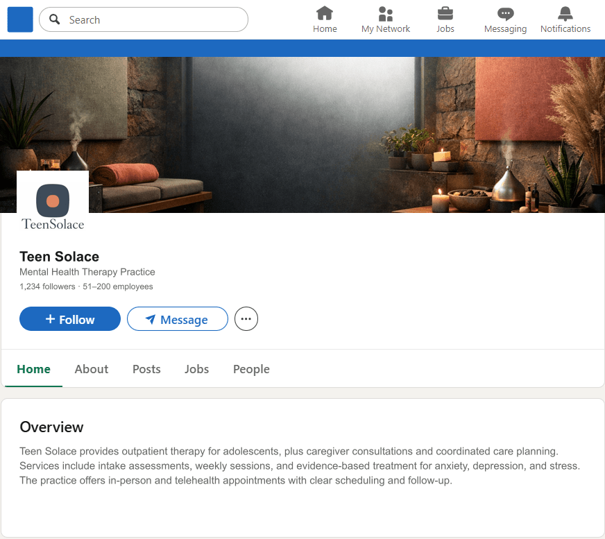 TeenSolace.com LinkedIn Company Page mockup