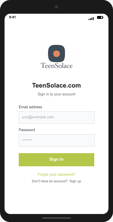 TeenSolace.com Login Screen mockup
